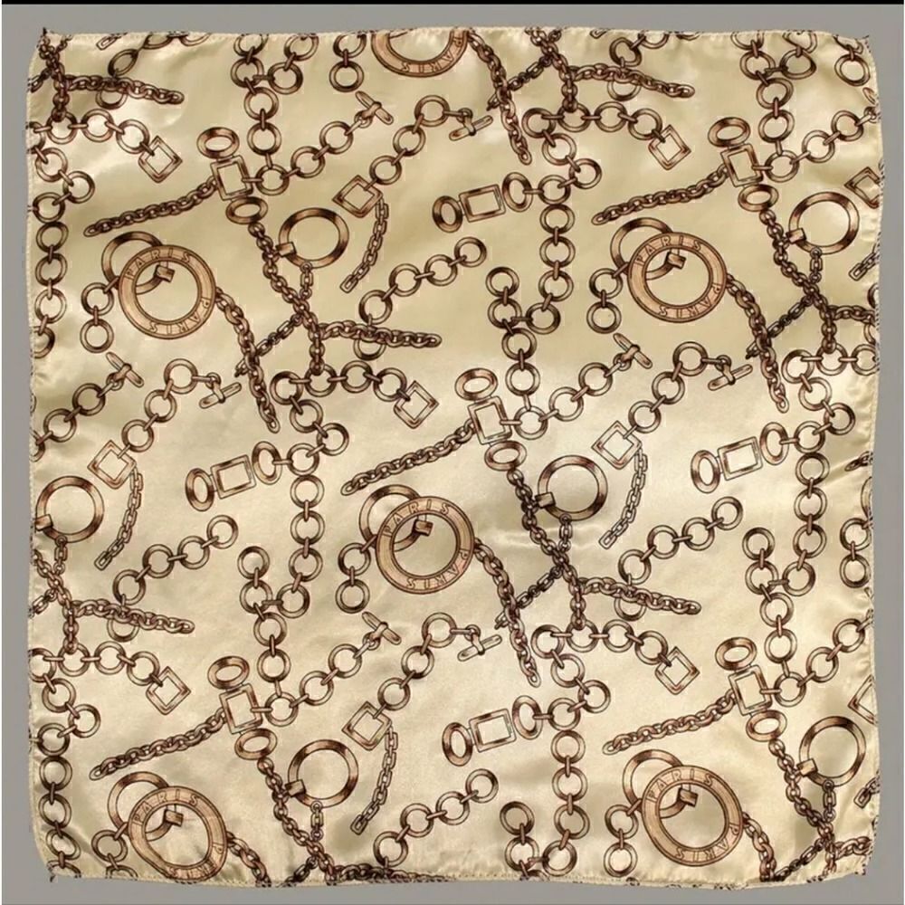 Vintage Style Chain Print Square Scarf Beige and Brown Elegant Satin Neckerchief